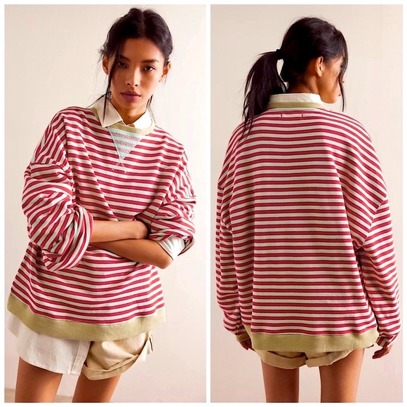 Free People Tops - Free People Striped Red and Cream Sweatshirt